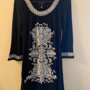 INC black 3/4 sleeve dress with cream and gold stitching